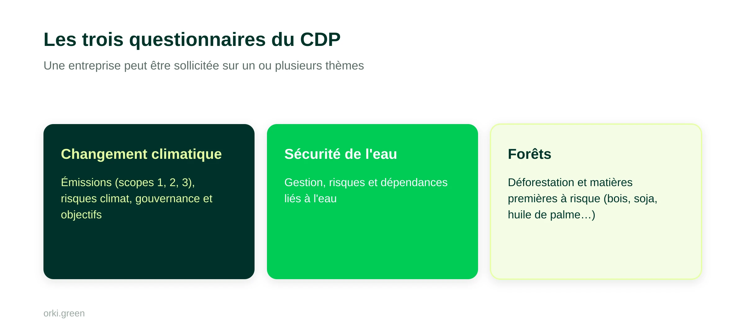 Les trois questionnaires du CDP : changement climatique (émissions, risques, objectifs), sécurité de l'eau, et forêts (déforestation et matières premières à risque).