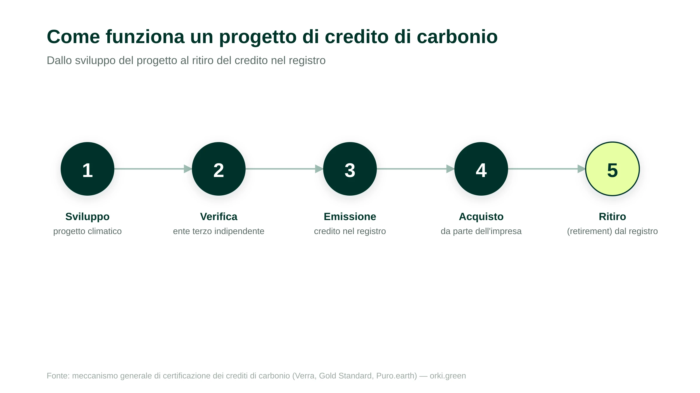 Come funziona un progetto di credito di carbonio: sviluppo del progetto, verifica indipendente, emissione del credito nel registro, acquisto e ritiro